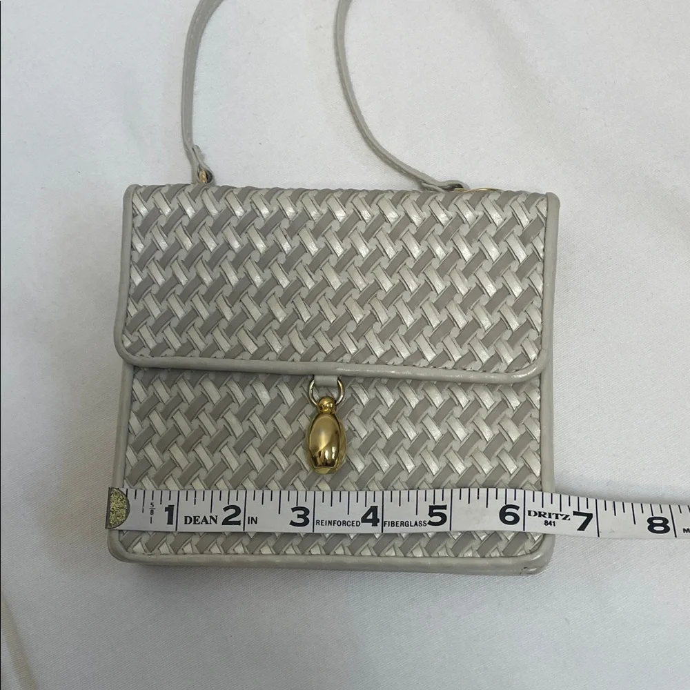 Genuine Leather Beige Silver Cream Woven Crossbody Bag with Gold Accent